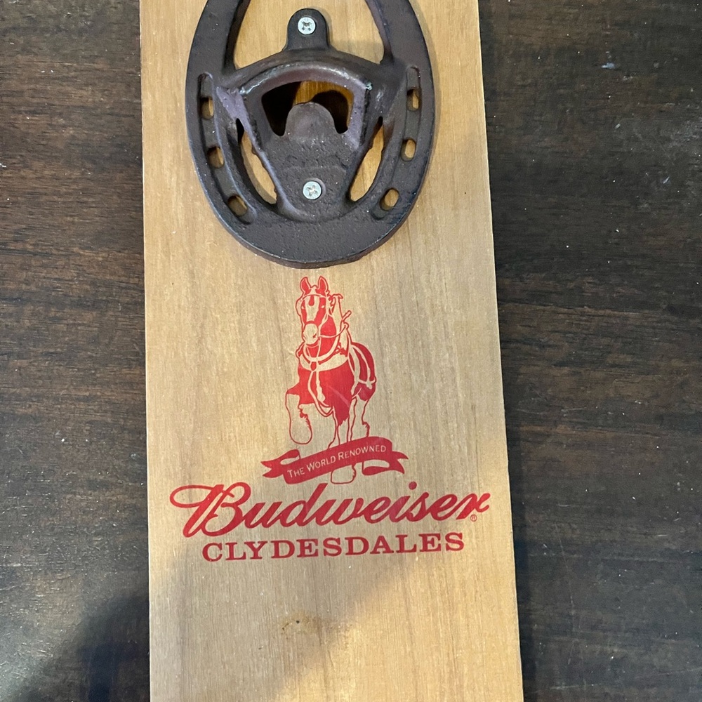 Budweiser Wood Wall Bottle Opener with Red Clydesdales Logo